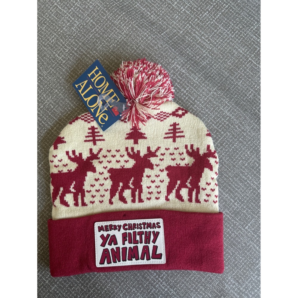 Home Alone Merry Christmas Ya Filthy Animal Beanie Red Cream Reindeer Pom Hat